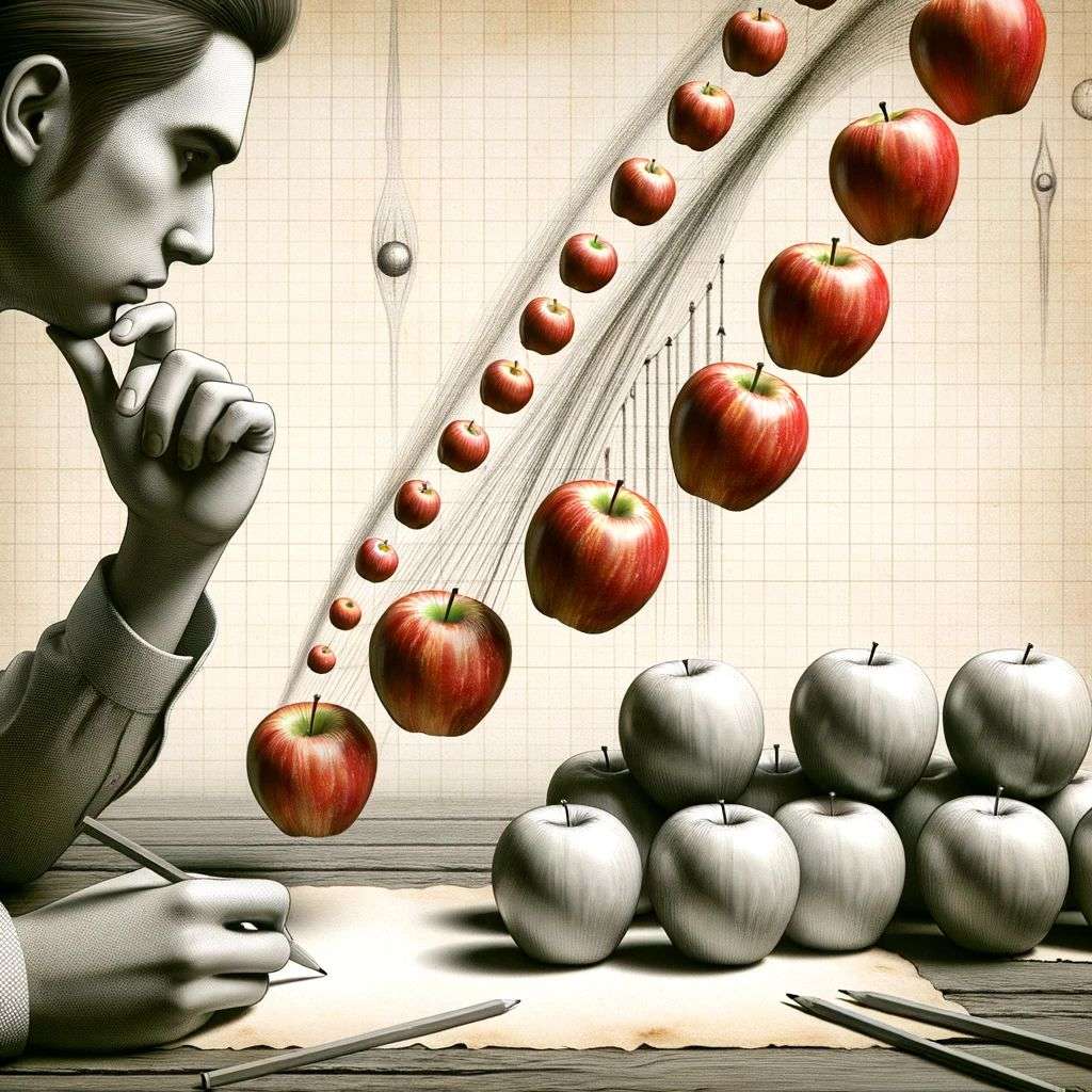 the discovery of gravity, digital art, faux-3D style